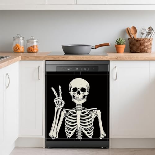 Image of Halloween Skeleton Refrigerator Magnet Cover,Gothic Smiling Skull Washable Dishwasher Magnets Decorative Cover,Home Kitchen Decorative Dishwasher Front Panel Cover 23x26 Inch