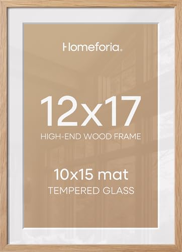 Image of Homeforia 12x17 Natural Oak Picture Frame, High-End Wood, 10x15 Mat, Glass | High End Solid Oak Wood, Tempered Glass, Acid-Free 10x15 Removable Mat, 12x17 Edge-to-Edge Display 17x12, Wall Kit, Set Of 1