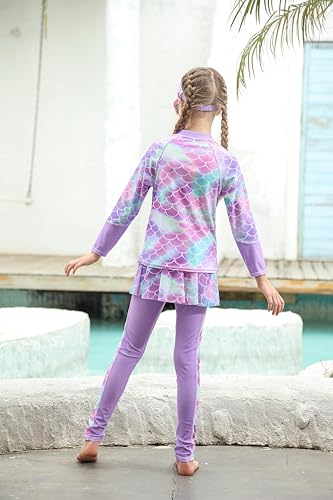 Image of Girls Long Sleeve Rashguard Half Zip Swimsuits UPF 50+ Two Piece Swim Sets with Hairband 5-12Y | Two Piece Swim Sets with Hairband