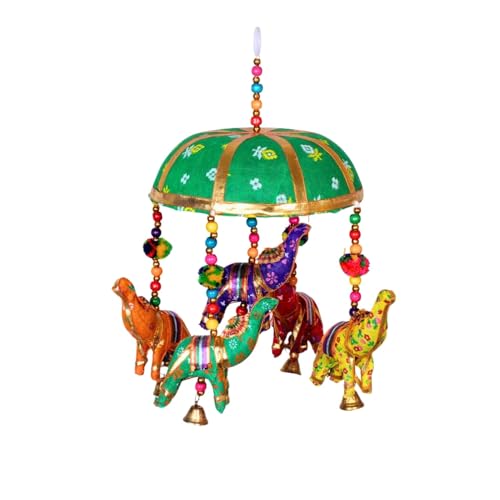 Image of Rajasthani Multicolor Elephants Jhoomer with Bell - Decorative Wind Chimes for Door & Wall Hanging, Ideal Home Decor & Gift Showpiece (Green)