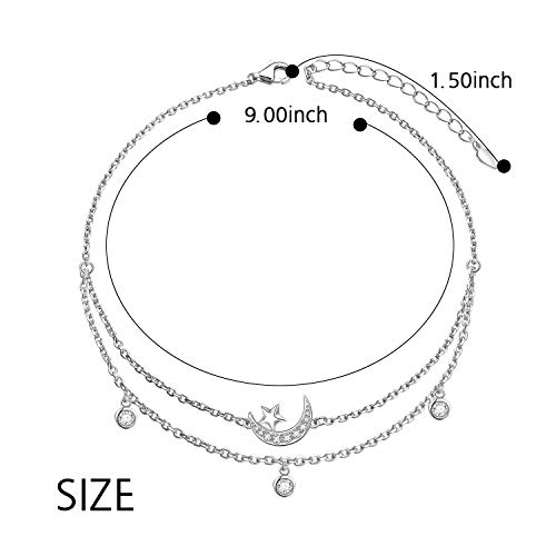 Star & Moon Layered Anklet 925 Sterling Silver For Women Girls Adjustable Ankle Bracelet Boho Beach Foot Chain 9+1.5 Inch Charm Jewelry Birthday Christmas Gifts #TOP5