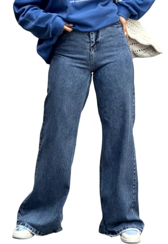 Image of Women's Straight Leg Jeans High Waisted Wide Leg Stretchy Baggy Denim Pants