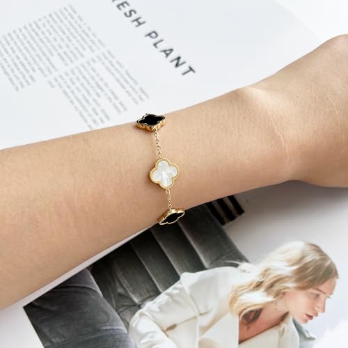 Image of AIPPK 18K Gold Plated Clover Lucky Bracelet for Women White /Black /Red /Green Flower Four Leaf Link Bracelets Trendy Jewelry Gifts for Women