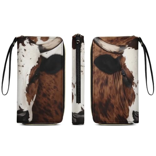 Brown Cowhide Art Print PU Leather Wristlet Wallet Slim Card Holder Organizer with Zipper Coin Pocket & Cash Slots for Women Men3