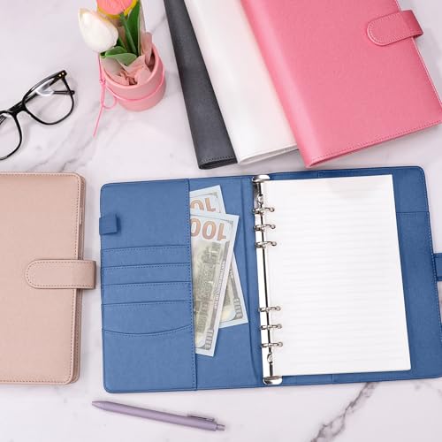 Image of Antner A5 Notebook Binder with 6-Ring Photocard Cover, PU Leather Refillable Budget Binder Loose Leaf Personal Organizer, Magnetic Buckle, Glitter Blue