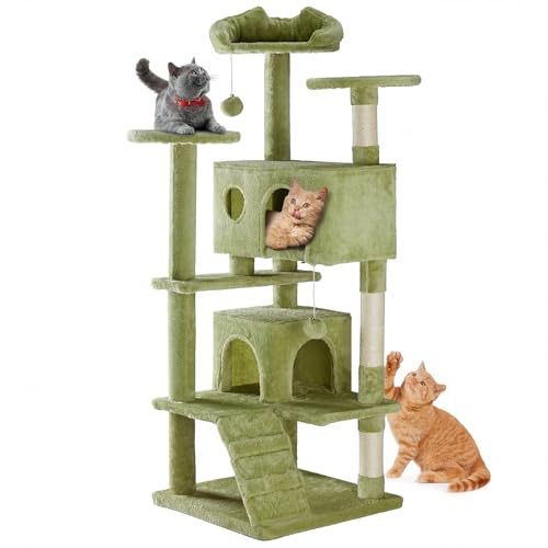 DUMOS 54-inch Indoor Cat Tree Tower Multi-Level Pet House for Large Cats with 2 Condos Scratching Posts Round Platform Small Ladder and Toys Green