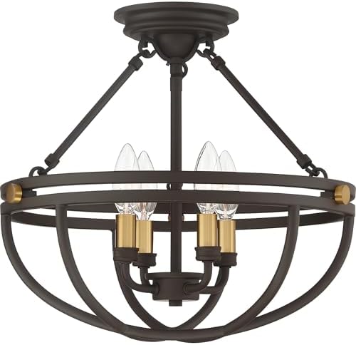 Quoizel Sergeant Semi-Flush Mount Ceiling Light Fixture, 15.75 Inch 4-Light 60W Western Bronze Hanging Light with Brass Candle Accents for Hallway, Kitchen, Bedroom, Living Room, or Office
