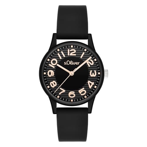 s.Oliver Damenuhr - Rund - Schwarz - 33 mm - Elegante Damenuhr aus Kunststoff mit Quarzwerk - 3 ATM wasserdicht - Kratzfest