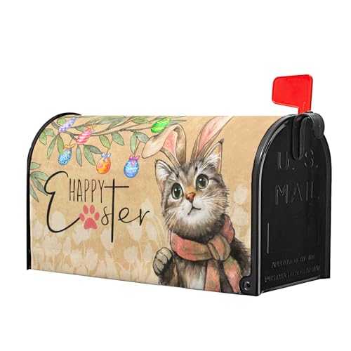 Image of Easter Cat Magnetic Mailbox Cover 25.5x21 Inch Cute Kitten with Bunny Ear Egg Hunt Mailbox Wrap Post Cover Large Size for Garden Yard Outdoor Outside Patio Holiday Waterproof Decor