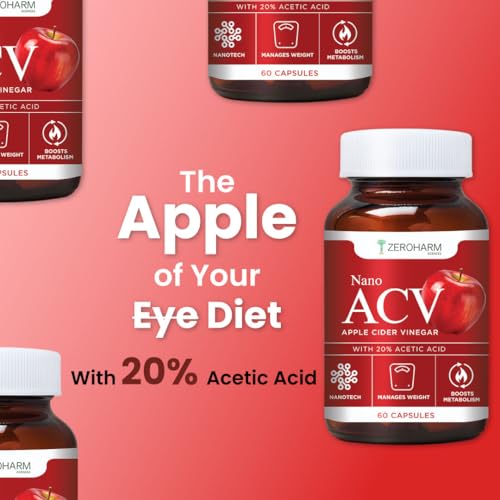 Image of ZEROHARM Nano Apple Cider Vinegar (ACV) 500mg with 20% Acetic Acid | Supports Metabolism, Cravings & Appetite Control | Aids Gut Health, Digestion & Weight Management | Men & Women | 60 Capsules