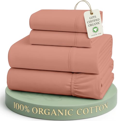 Image of LANE LINEN 100% Organic Cotton Queen Sheets, Eco Friendly Mercerized Cotton Fully Elasticized Bedding Sheets & Pillowcase Set, Low Pill Fade Resistant Naturally Cooling Bedding Queen Size- Rose Dawn