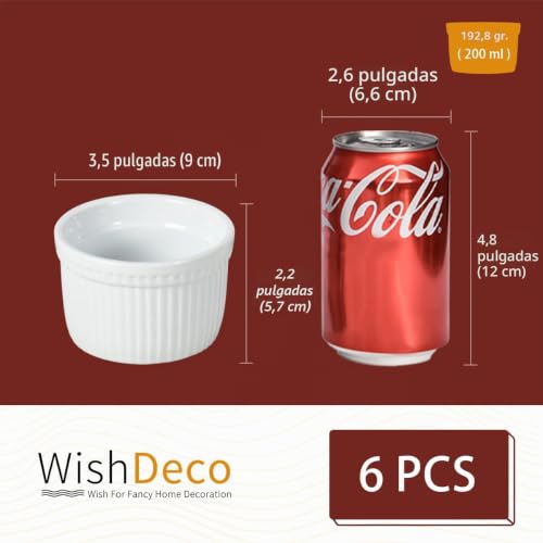 Miniatura 3 de Wishdeco Juego De 6 Moldes Souffle, 200ml 8 Oz Ramequines Horno, Cuencos Aperitivos Ceramica, Moldes Para Natillas, Pequeños Cuencos Blancos Para Salsas, Crema