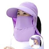 [YUMISS] 帽子 レディース 【14cm超つば広・UVカット・可愛い雰囲気漂う】 UVカット帽子 日焼け防止帽子 紫外線対策 快適 よい通気性 吸汗速乾 あご紐 飛ばされない 小顔効果 日よけ帽子 かわいい 散歩 旅行 ハット ぼうし (JP, アルファベット, Free Size, フェイスカバー付き-パープル)