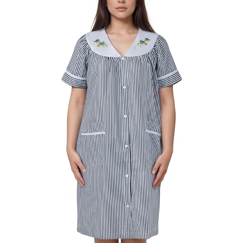 Image of Women's Short Sleeve Woven Snap-Front Closure Striped Embroidery Housecoat Duster Nightgown with Front Pockets