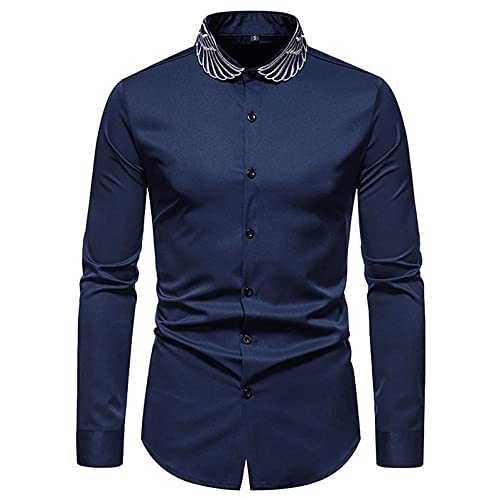 heavKin Men's Dress Shirts Long Sleeve Wings Embroidery Collar Button Down Cool Shirts Casual Slim Fit Western Shirts Navy