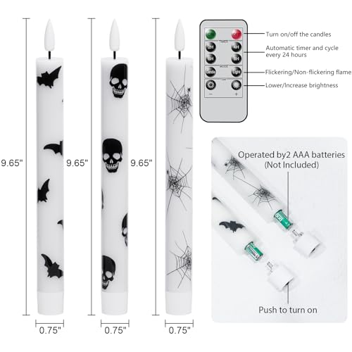 Image of Halloween Flameless Taper Candles with Remote Timer, 6 Pack LED Flickering Candlestick, Battery Operated Real Wax Candles with Bat, Skull and Spider Web Prints for Halloween Decorations