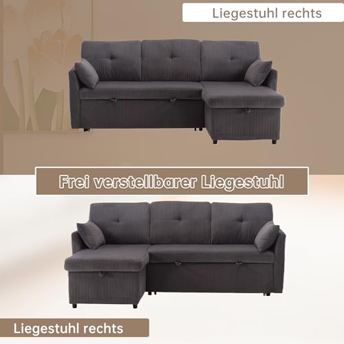 Dolamaní 3er-Sofa L Form with Storage Seats, Schlafsofa Sectional Couch mit Schlaffunktion und Bettkasten (Dunkelgrau, Samt) – Bild 5