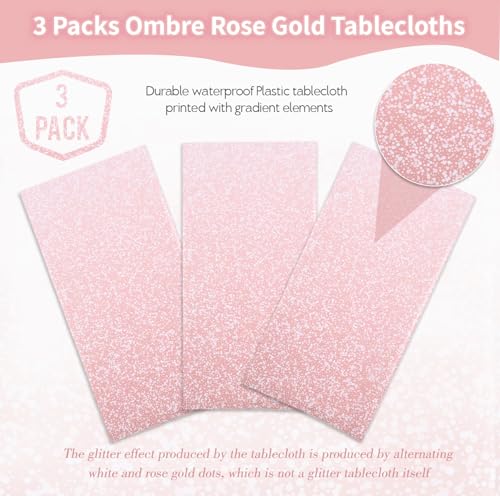 Kesfey 3 Packs Ombre Rose Gold Tablecloth 54 x 108 Inch Gradient Pastel Rose Gold Sequin Table Cloths Rectangle Disposable Plastic Rose Gold Sprinkle Glitter Table Cover for Birthday Party Decorations by Kesfey - Image 3