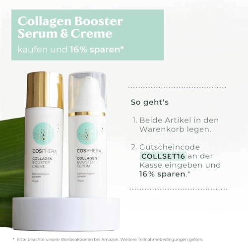 Cosphera Collagen Booster Creme 50 ml Vegan - mit Hyaluronsäure, Peptiden & Vitamin B3 - Gesichtscreme gegen Falten - Anti Faltencreme gegen Tränensäcke, Augenringe und Stirnfalten