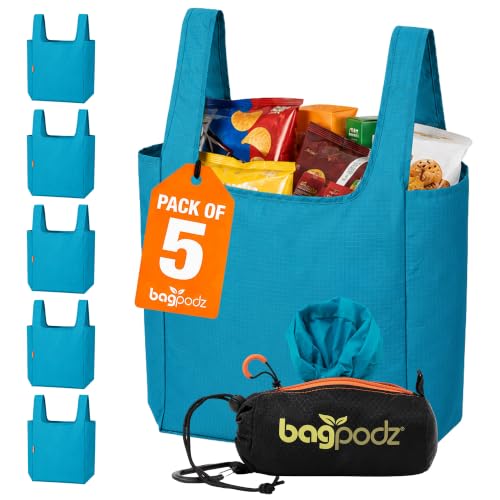 BagPodz Reusable Grocery Bags, Made From Ripstop Nylon Hold 50lbs, Foldable Shopping Bags in Compact Pod with Carry Clip, 5 Pack in Blue
