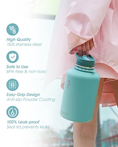 Image of Coolflask Insulated Water Bottle 64 oz with Straw, Half Gallon Large Water Jug with Straw & Spout Lids, Vacuum Stainless Steel Metal Flask, Keep Cold 48h Hot 24h, Leak Proof & Non-BPA, Agate Green