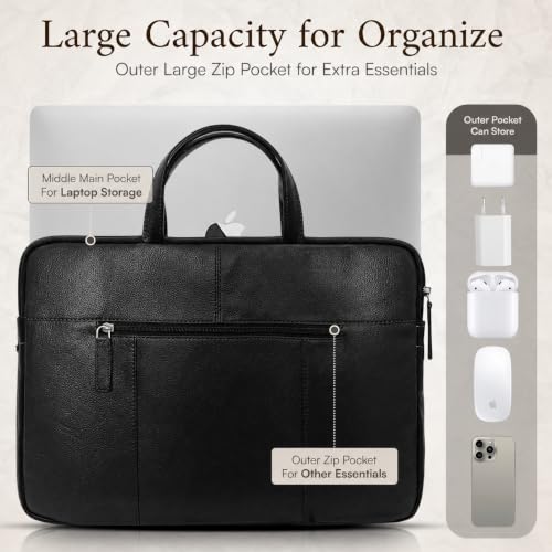 Image of ALLEN & MATE 100% Leather Laptop Case 13 Inch Laptop Sleeve fits MacBook Neo /Air /Pro 13 Inch with M5 /M4 /M3 /M2 /M1, Dell, HP, Lenovo, Chromebook 11-13 inch Computer Bag Zip Pocket - Black