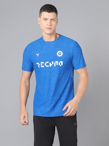 Image of TECHNOSPORT Men Cricket Fan T-Shirt IPL Printed Casual Sportswear Tee Typography Print Slim Fit Round Neck Short Sleeve Polyester Sports Tshirt for MenIPL MensJersey