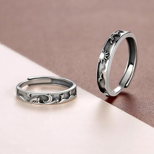 Image of Beydodo 925 Silver Rings Custom Adjustable Sun and Moon Matching Rings Engraved I Love You Couples Rings Wedding