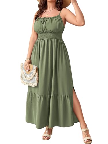 Image of SCOMCHIC Plus Size Summer Boho Dresses Spaghetti Strap Sleeveless Casual Sundress Smocked Flowy Slit Beach Maxi Dress