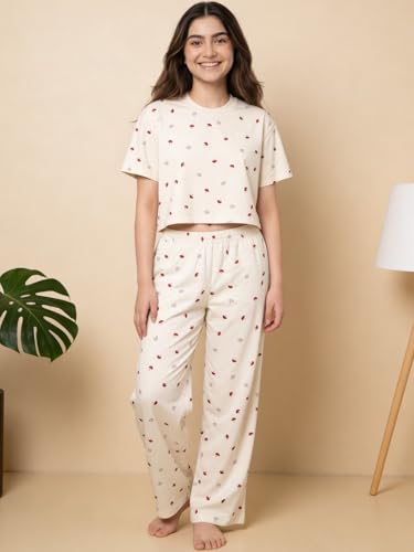 Image of Li'l Tomatoes Girls Cotton Night Suit Set | 100% Cotton Summer Co-Ord Set | Half Sleeve T-Shirt & Full Length Pajama | Soft & Breathable Printed Clothing Set | 9-16 Years