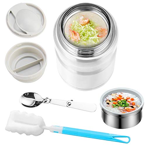ZXK CO Vakuumisolierter Lebensmittelbehälter mit faltbarem Löffel und Schwammbürste, auslaufsicher, breite Öffnung, Edelstahl, Suppe, Thermosbehälter für heiße Lebensmittel und kalte Speisen, weiß