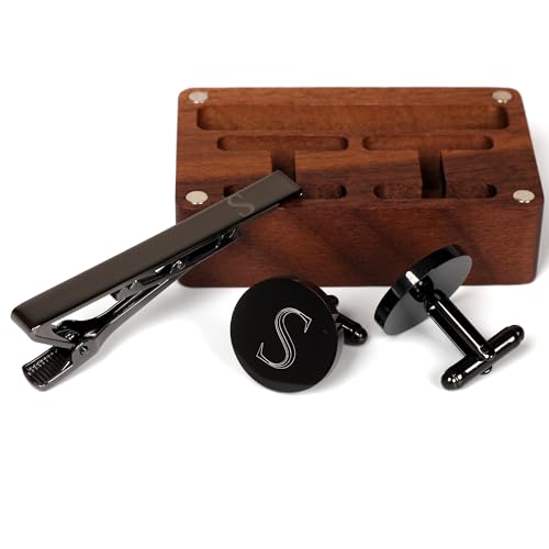 Image of Mens Initial Cufflinks and Tie Clip A-Z Alphabet Letter Black Stainless Cuff Links Tie Bar with Engraved Walnut Wood Box Groom Groomsman Wedding Set