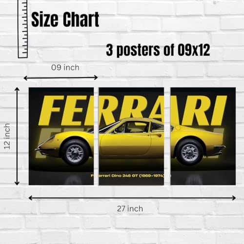 Image of Good Hope 3 Piece Car Split Poster Set for Room, Garage, Biker Cafe, Wall Art Home, Office, Living Room, Bedroom, Hostel boys Girls Gift Wallpaper Sticker Wall Decorations (Split Poster, Ferrari Yellow, Medium (9x12 Inch))