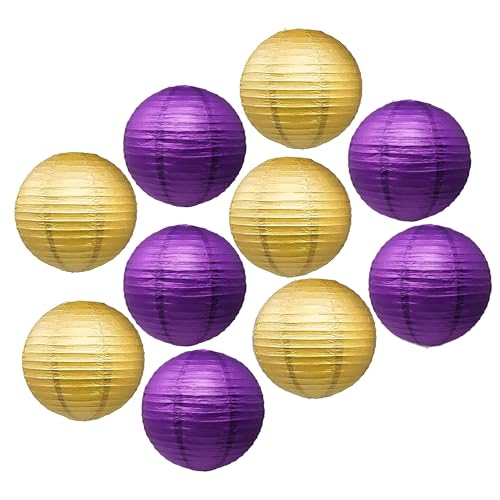 Image of Mudra Crafts 12 Inch Chinese Purple and Gold Paper Lanterns Hanging Decor | 10 PCs, Reusable, Indoor Outdoor Decorative Lamp Shade, for Ceiling, Wedding, Shower, Party, Festival, Home Decoration