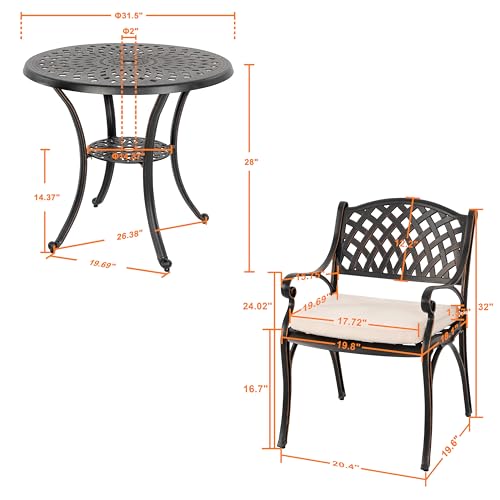 NUU GARDEN 3 Piece Outdoor Bistro Set Cast Aluminum Patio Set Bistro Table Set Rustproof Patio Table and Chairs with Umbrella Hole and Beige Cushions for Backyard, Balcony, Front Porch, Black