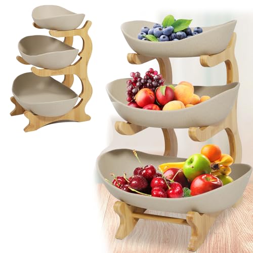 LYNICESHOP 3 Layer Multi-layer Ceramic Fruit Plate with Bamboo Frame, Storage Rack for Fruits, Vegetables & Sushi (Earth color)