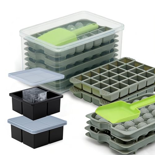 Image of Silicone Ice Cube Tray Set with Container & Scoop – 6 Trays Total– Stackable for Whiskey, Cocktail & Daily Drinks (Set-A)
