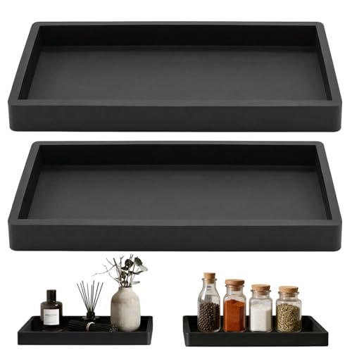 Image of 2 Pcs Bathroom Trays - Black Silicone Vanity Trays 10×20cm, Bathroom Tray Organiser, Silicone Soap Dish for Kitchen Countertop Sink, Rectangle Black Dresser for Toilet Countertop Dresser