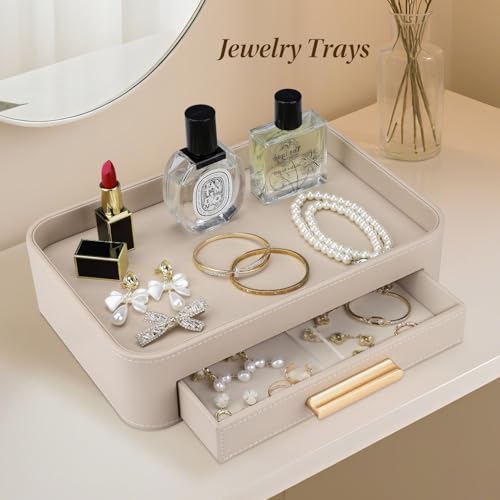 Valet Jewelry Tray Nightstand Organizer with Drawer, PU Leather Perfume Tray Trinket Trays for Vanity Bathroom Entryway, Catchall Trays for Key Purse Watch Cologne, Gift for Women Men, Beige - Image 6