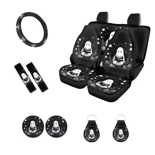 Xhuibop Halloween Cute Ghost Car Seat Covers Full Set with Steering Wheel Cover for Women Truck Accessories 11 Pack Girl Keychian Seat Belt Covers for Adults Vehicle Cup Holder Coaster