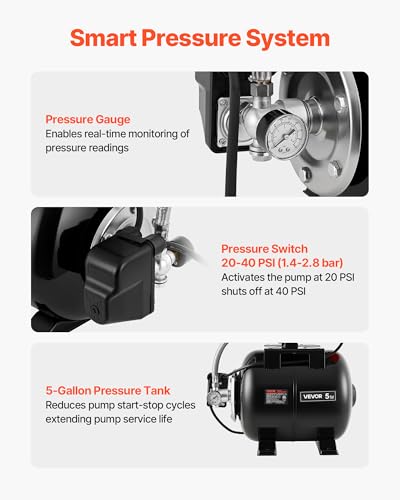 image for VEVOR 1 HP Shallow Well Pump with Pressure Tank, 120V 1000 GPH, Stainl