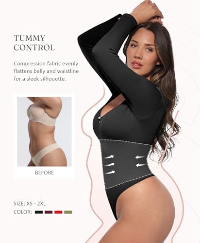 FeelinGirl Long Sleeve Shapewear Bodysuit for Women - Tummy Control Body Suits Seamless Thong Round Neck Body Shaper2