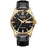 ROCOSJEWE Brand Business Fashion R0101 - Reloj mecánico automático para hombre, resistente al agua, doble calendario, correa de cuero, regalo para hombre, Negro/Oro