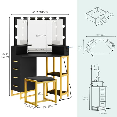 YITAHOME-Vanity-Desk-with-Lighted-Mirror-Corner-Vanity-with-Power-Outlet-3-Color-Modes-Adjustable-Makeup-Table-Set-with-4-Drawer-Stool-Bedroom-Dark-Black YITAHOME Vanity Desk with Lighted Mirror Corner Vanity with Power Outlet 3 Color Modes Adjustable Makeup Table Set with 4 Drawer Stool Bedroom Dark Black