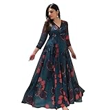 Fashion2wear Women's Georgette Fit and Flare V-Neck Gown Elegant Silhouette in Effortless Style | 3/4 Sleeve | Dress for Women (Blue | XX-Large | Blue_Keri_XXL)