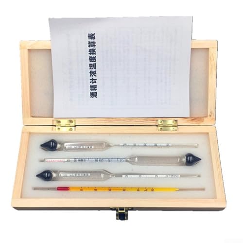 HanOaki Alcoomètre en bois avec 3 hydromètres en verre pour 0-40° 40-70° 70-100° et thermomètre à vin, kit de test de distillation portable pour mesure...