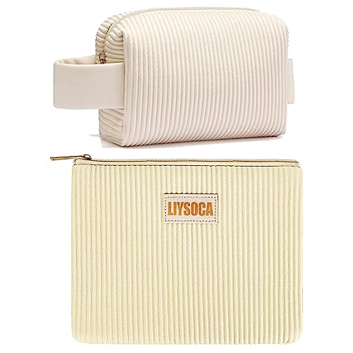 Liysoca 2Pcs Small Makeup Bag Pu Striped Leather Portable Travel Pouch,Waterproof Cosmetic Pouch With Handle,Cute Makeup Bags For Women And Girls (Beige) #TOP5