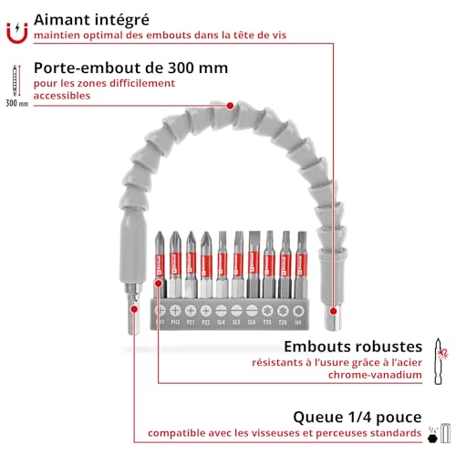 Jeu d'embouts 11 pièces 300 mm avec arbre flexible aimant et porte embout 14" E 6 3 - vue 3