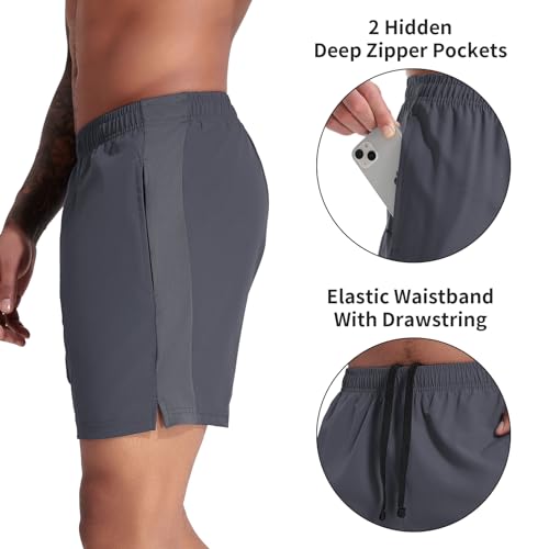VPOS 2 Pack Men's Athletic Shorts 7 Inch Inseam, Mens Workout Shorts Lightweight Quick Dry Gym Running Shorts for Men Dark Grey/Black, M - Image 4