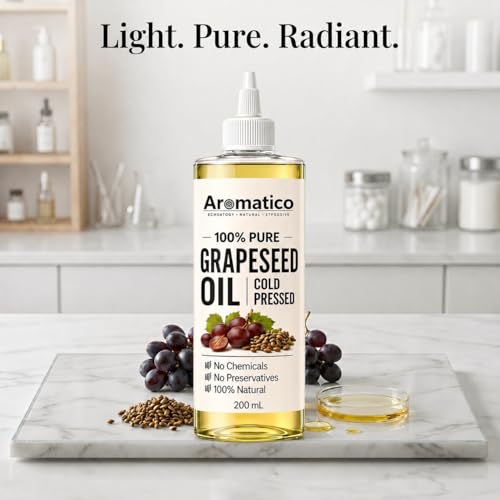 Image of AROMATICO Cold Pressed Grapeseed Oil for Hair & Skin - Lightweight Grape Seed Oil for Oily Scalp, Acne-Prone Skin & Body Massage | 200ml